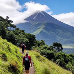 Caribbean Holidays, Saint Vincent Walking, Hikers on a verdant trail approaching La Soufri&egrave;re volcano on Saint Vincent, surrounded by rainforest and cloud-covered mountain slopes