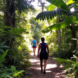 Caribbean Holidays, Saint Vincent Walking, Hikers walking the Vermont Nature Trail through tropical forest on Saint Vincent, with sunlight filtering through the trees