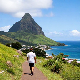 Caribbean Holidays, Saint Vincent Walking, Sunlit Caribbean landscape on Saint Vincent with green hills, a coastal village and calm blue sea