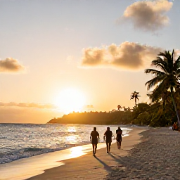 Caribbean Holidays, Saint Vincent Walking, Walkers relaxing beside a beautiful Caribbean beach at sunset on Saint Vincent and the Grenadines