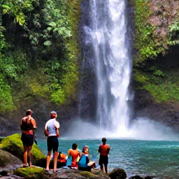 Caribbean Holidays, Saint Vincent Walking, Walkers resting beside a Caribbean waterfall surrounded by rainforest on Saint Vincent