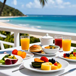 Caribbean Holidays, Saint Vincent Wellness, A healthy Caribbean breakfast of fresh tropical fruit, juice and light local dishes on a shaded terrace overlooking the sea
