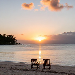 Caribbean Holidays, Saint Vincent Wellness, A peaceful Caribbean sunset over the sea near Saint Vincent, with a quiet shoreline, warm evening light and two chairs facing the horizon