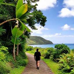 Caribbean Holidays, Saint Vincent Wellness, A tranquil coastal trail through lush Saint Vincent vegetation, with a traveller walking slowly towards a sea view