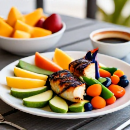 Caribbean Holidays, Saint Vincent Wellness, Healthy Caribbean lunch with fresh fruit, grilled fish and colourful vegetables on a relaxed outdoor table