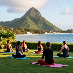 Caribbean Holidays, Saint Vincent Wellness, Open-air yoga session overlooking a Caribbean bay in Saint Vincent and the Grenadines, green hills, tropical plants and morning sunlight