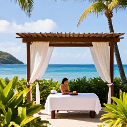 Caribbean Holidays, Saint Vincent Wellness, Outdoor spa treatment beside a Caribbean beach in Saint Vincent, shaded cabana, tropical greenery and tranquil sea
