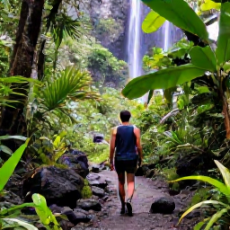 Caribbean Holidays, Saint Vincent Wellness, Peaceful rainforest trail near a waterfall on Saint Vincent, traveller walking among lush tropical plants and volcanic rocks