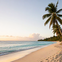 Caribbean Holidays, Saint Vincent Wellness, Quiet tropical beach on Saint Vincent and the Grenadines at sunrise, calm turquoise sea, soft sand and palm trees