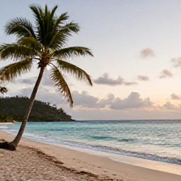 Caribbean Holidays, Saint Vincent Wellness, Quiet tropical beach on Saint Vincent at sunrise, calm turquoise sea, palm trees, peaceful wellness holiday atmosphere