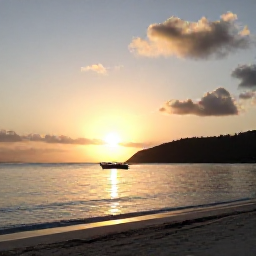 Caribbean Holidays, Saint Vincent Wellness, Sunset over a quiet beach in the Grenadines, small boats on calm water, warm evening light and an intimate Caribbean island setting