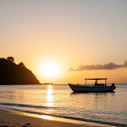 Caribbean Holidays, Saint Vincent Wellness, Sunset over a quiet Grenadine island beach, small boat offshore, warm golden light and relaxed Caribbean atmosphere