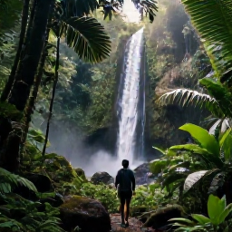 Caribbean Holidays, Saint Vincent Wellness, Traveller walking through lush Saint Vincent rainforest towards a waterfall, tropical plants, soft morning light
