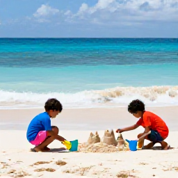 Caribbean Holidays, Sandcastle Building, A family choosing a quiet stretch of Caribbean beach with wet sand, buckets and spades ready for sandcastle building