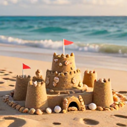 Caribbean Holidays, Sandcastle Building, A finished family sandcastle with shell decorations, small flags and footprints leading towards the Caribbean sea at golden afternoon light