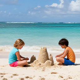 Caribbean Holidays, Sandcastle Building, Children and parents building detailed sandcastles beside the calm turquoise Caribbean Sea on a bright sandy beach