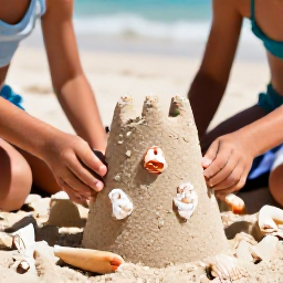 Caribbean Holidays, Sandcastle Building, Close-up of children carefully shaping sandcastle towers and decorating them with shells on a sunny Caribbean beach