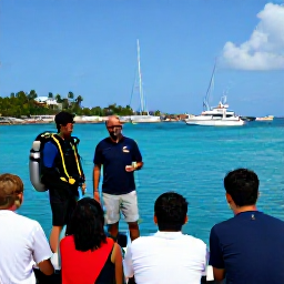 Caribbean Holidays, Scuba Diving, Friendly professional dive instructor briefing holidaymakers beside a boat in a Caribbean harbour
