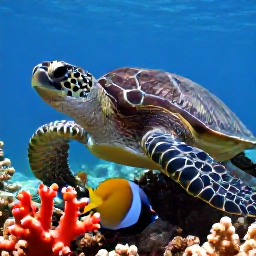 Caribbean Holidays, Scuba Diving May, Close-up underwater photograph of a sea turtle, angelfish and bright coral on a Dominican Republic reef