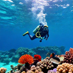 Caribbean Holidays, Scuba Diving May, Colourful coral reef and clear turquoise water off the coast of the Dominican Republic in May, with a scuba diver exploring tropical fish