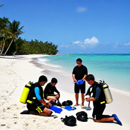 Caribbean Holidays, Scuba Diving May, Friendly scuba diving group preparing equipment beside a tropical beach in the Dominican Republic