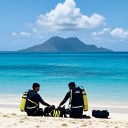 Caribbean Holidays, Scuba Diving May, Friendly scuba diving instructors preparing equipment beside a tropical beach on Saint Kitts, with mountains beyond