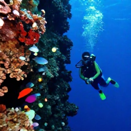 Caribbean Holidays, Scuba Diving May, Scuba diver swimming beside a dramatic underwater wall and reef fish near Bayahibe, Dominican Republic
