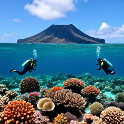 Caribbean Holidays, Scuba Diving, Scuba divers exploring a colourful coral reef beside a volcanic island in the Grenadines