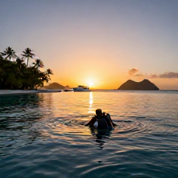 Caribbean Holidays, Scuba Diving, Sunset over a peaceful Caribbean bay with a dive boat, palm trees and volcanic islands in the distance