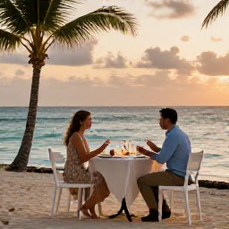 Caribbean Holidays, September Adults Only, Couple enjoying a romantic dinner beside the Caribbean Sea at an adults-only Dominican Republic resort during a warm September evening