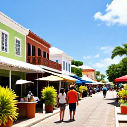 Caribbean Holidays, September Adults Only, Couple exploring a colourful Caribbean town in September, historic buildings, local market, tropical plants and bright island light