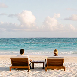 Caribbean Holidays, September Adults Only, Couple relaxing on a quiet Caribbean beach in September, turquoise water, white sand, shaded loungers and gentle afternoon sunlight