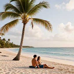 Caribbean Holidays, September Adults Only, Couple relaxing on white sand at a peaceful Dominican Republic beach beneath palm trees, warm September sunshine and calm blue water