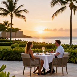 Caribbean Holidays, September Adults Only, Elegant adults-only Caribbean resort restaurant at sunset, couple dining outdoors with tropical garden and sea views