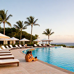 Caribbean Holidays, September Adults Only, Elegant adults-only resort pool in the Dominican Republic with sun loungers, palm trees and guests enjoying a warm September afternoon