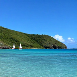 Caribbean Holidays, September Adventures, A colourful Caribbean coastline in September with calm turquoise water, green hills and a small sailing boat near shore