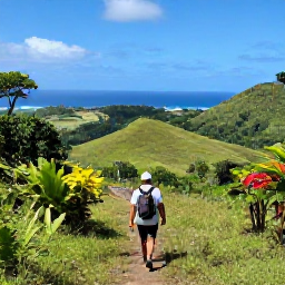 Caribbean Holidays, September Adventures, A hiker following a green trail through Barbados countryside with tropical plants, rolling hills and a distant ocean view