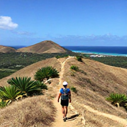 Caribbean Holidays, September Adventures, A hiker following a scenic trail towards Anse du Colombier, with dry hills, tropical plants and sweeping Caribbean views