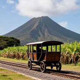 Caribbean Holidays, September Adventures, A historic railway carriage travelling beside the Caribbean coast of Saint Kitts, with sugar cane fields and volcanic mountains behind