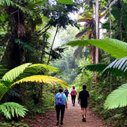 Caribbean Holidays, September Adventures, A lush Trinidad rainforest trail in September with hikers, tropical foliage and soft morning light