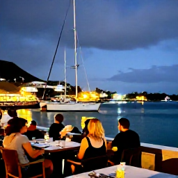 Caribbean Holidays, September Adventures, A relaxed evening scene in Gustavia, Saint Barth&eacute;lemy, with harbour lights, moored boats and diners near the waterfront