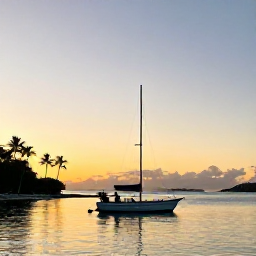 Caribbean Holidays, September Adventures, A small sailing boat anchored in a calm Antigua bay at sunset, with palm trees and a softly lit Caribbean horizon