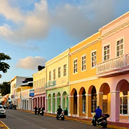Caribbean Holidays, September Adventures, Colourful Bermuda street with pastel buildings, scooters and visitors exploring a historic town in warm September light