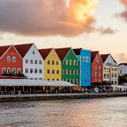 Caribbean Holidays, September Adventures, Colourful Willemstad waterfront in Cura&ccedil;ao at sunset with historic buildings, pedestrians and a relaxed caf&eacute; atmosphere