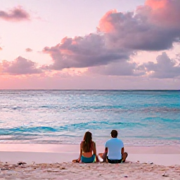 Caribbean Holidays, September Adventures, Couple relaxing on a Bermuda beach at sunset after an active day, with calm turquoise sea and pink sand