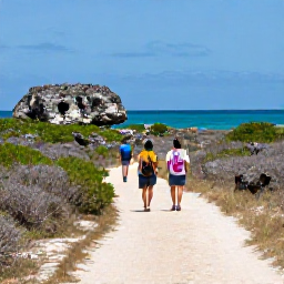 Caribbean Holidays, September Adventures, Hikers walking along a quiet coastal trail with scrubland, limestone and ocean views on Providenciales