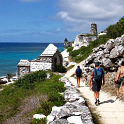 Caribbean Holidays, September Adventures, Hikers walking along a rugged Bermuda coastal trail with ocean views, green vegetation and historic stone ruins
