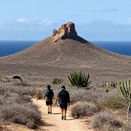 Caribbean Holidays, September Adventures, Hikers walking through Cura&ccedil;ao&rsquo;s dry landscape towards a rocky viewpoint with cacti and the blue sea in the distance
