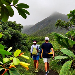 Caribbean Holidays, September Adventures, Hikers walking through lush rainforest on Mount Liamuiga in Saint Kitts, with tropical leaves and misty volcanic slopes