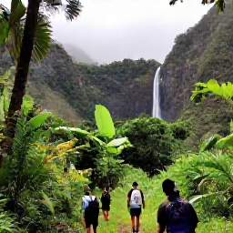 Caribbean Holidays, September Adventures, Hikers walking through lush rainforest towards a waterfall on Saint Vincent, with tropical foliage and misty volcanic hills
